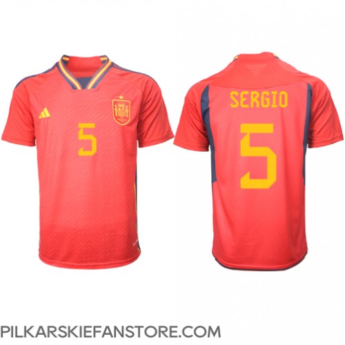Tanie Strój piłkarski Hiszpania Sergio Busquets #5 Koszulka Podstawowej MŚ 2022 Krótkie Rękawy